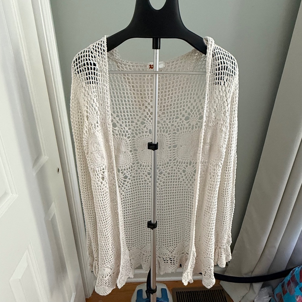 TwillTwentyTwo Crochet Knit Hooded Cardigan White Cotton Boho Beach Large